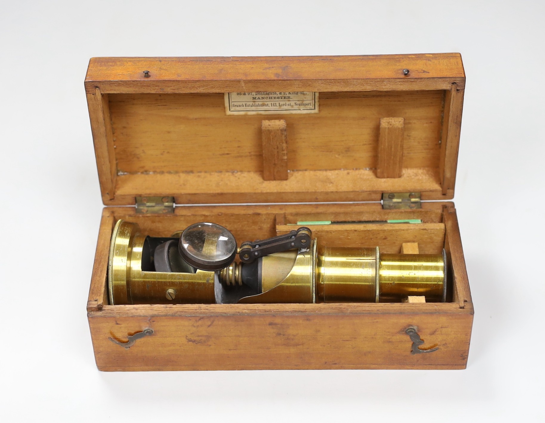 A cased travelling microscope, label to lid interior reads ‘From A. Franks’, box 17cm.